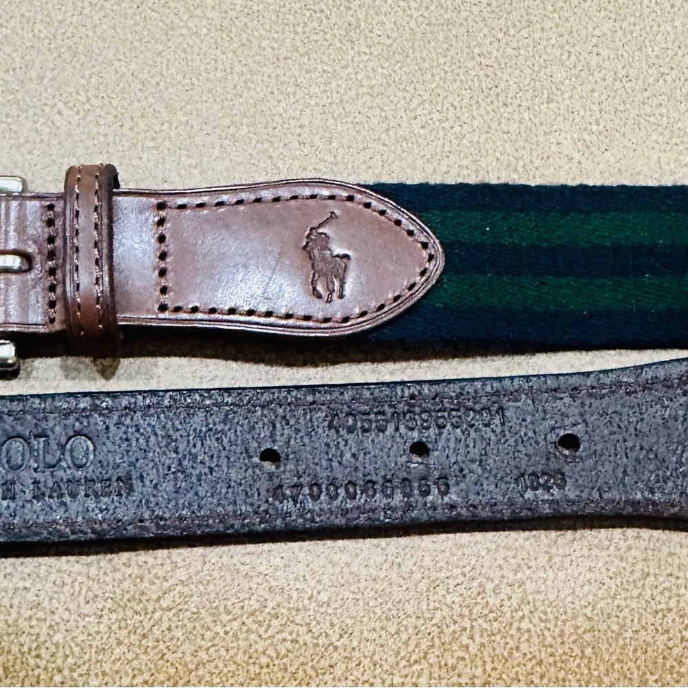 Polo by Ralph Lauren Brown Leather & Green Navy Webbed Belt